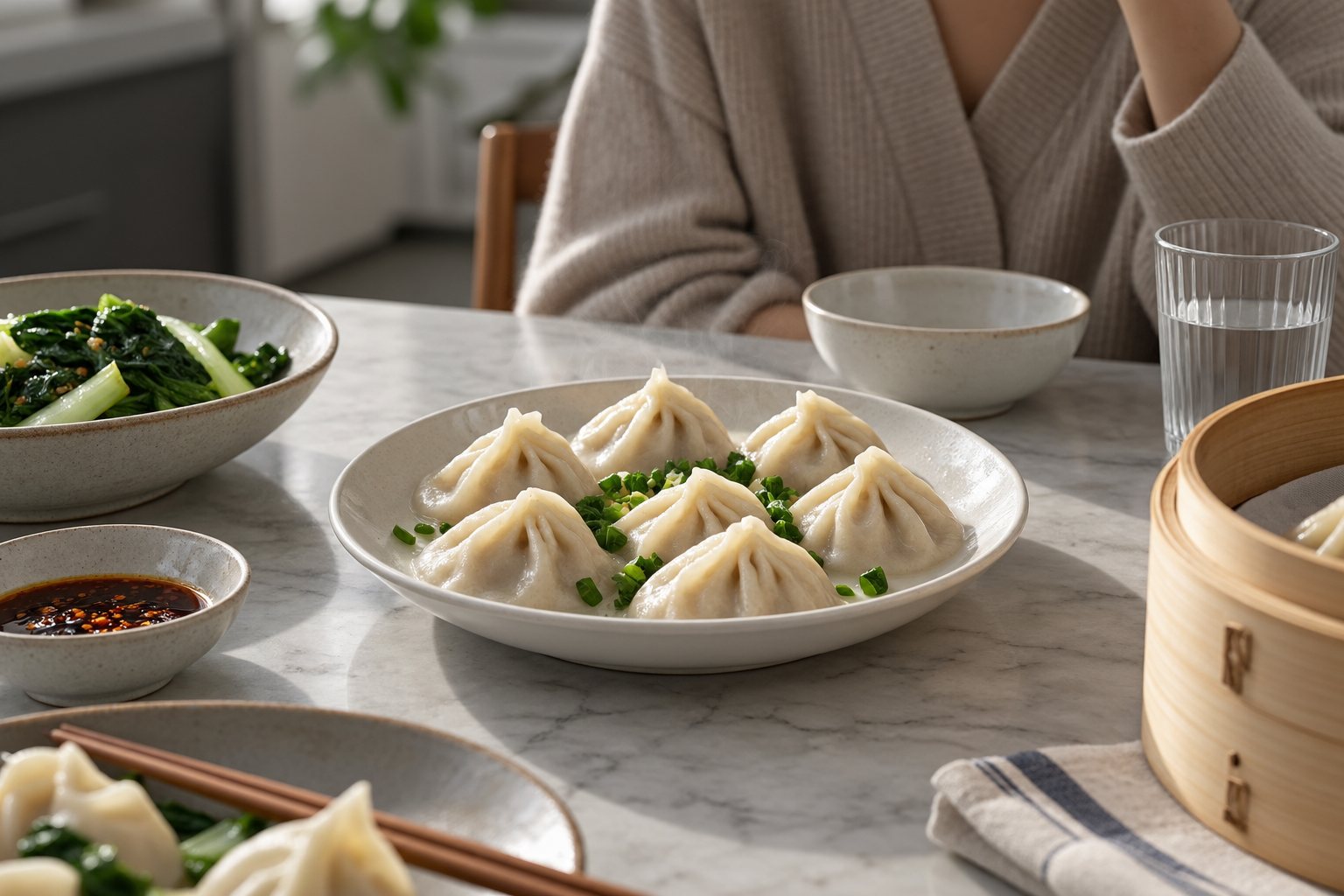 A plate of steamed baozi on the dinner table