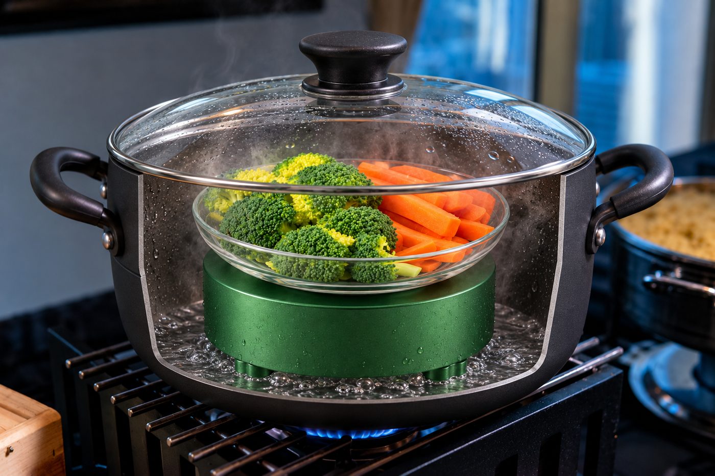 Cutaway of a regular pot: Mama Steam Core in boiling water under a bowl of broccoli and carrots